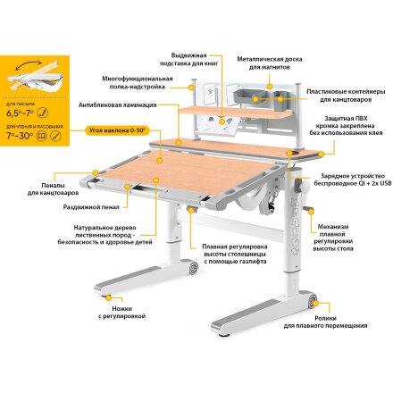 Детский стол Mealux Ergowood - M Multicolor  полка BD P-18 MG  арт.BD-800 MG/MC Energy   BD P-18 MG  -столешница клен / накладки на ножках серые  коробок-3 шт. 