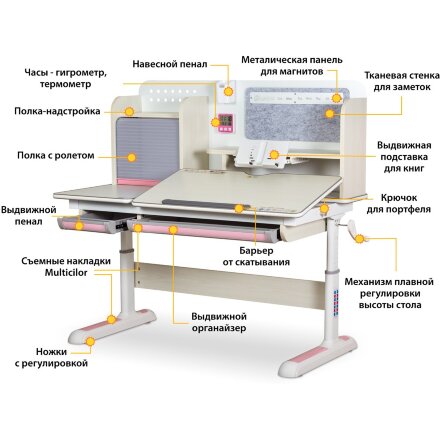 Детский стол ErgoKids Winnipeg Multicolor MG   PN  арт. BD-630 MG   PN Multicolor  - столешница белый дуб / ножки белые накладки белые   розовые  коробок-2 шт. 